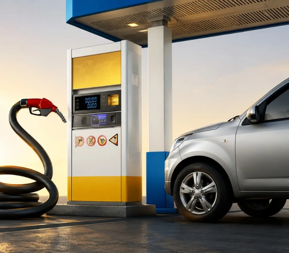 Zapfsäule an einer Tankstelle bei Sonnenuntergang